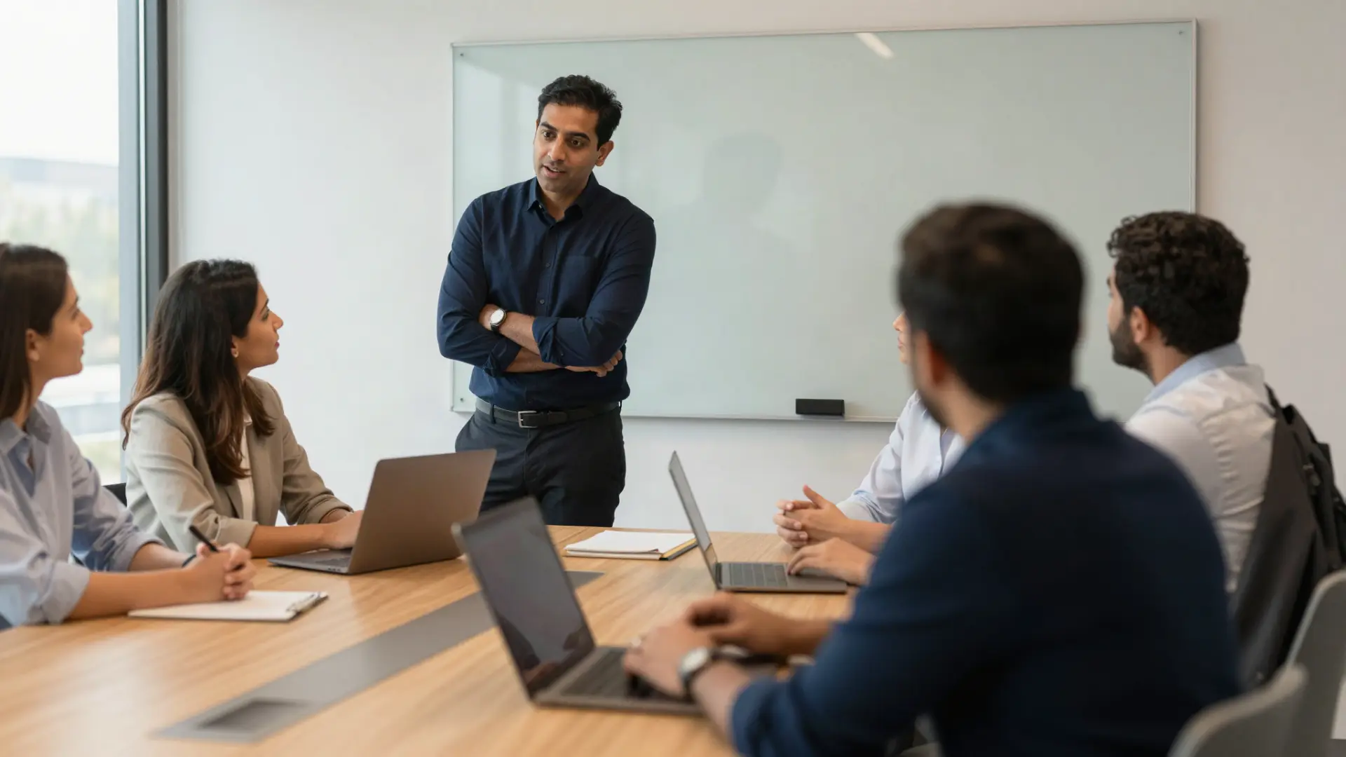 Leadership team in discussion around a boardroom table