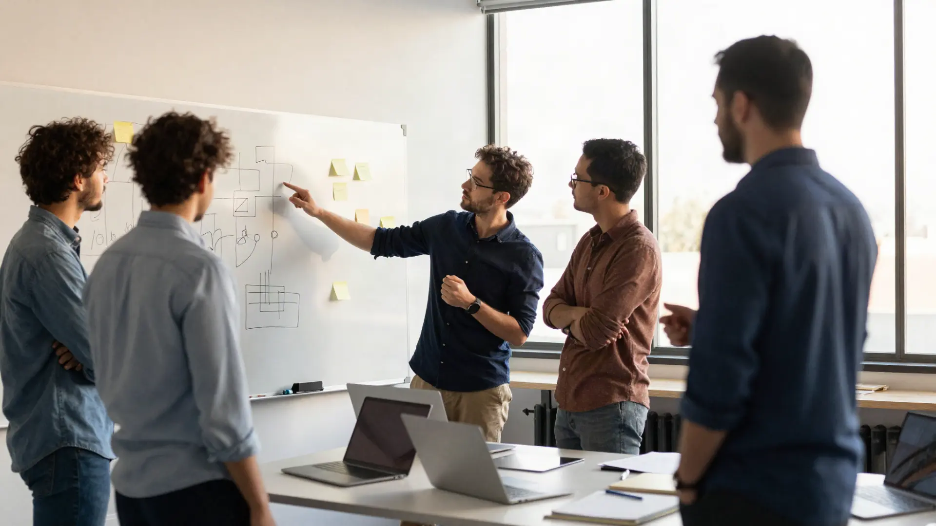 Illustration of a team mapping an AI workflow together on a whiteboard