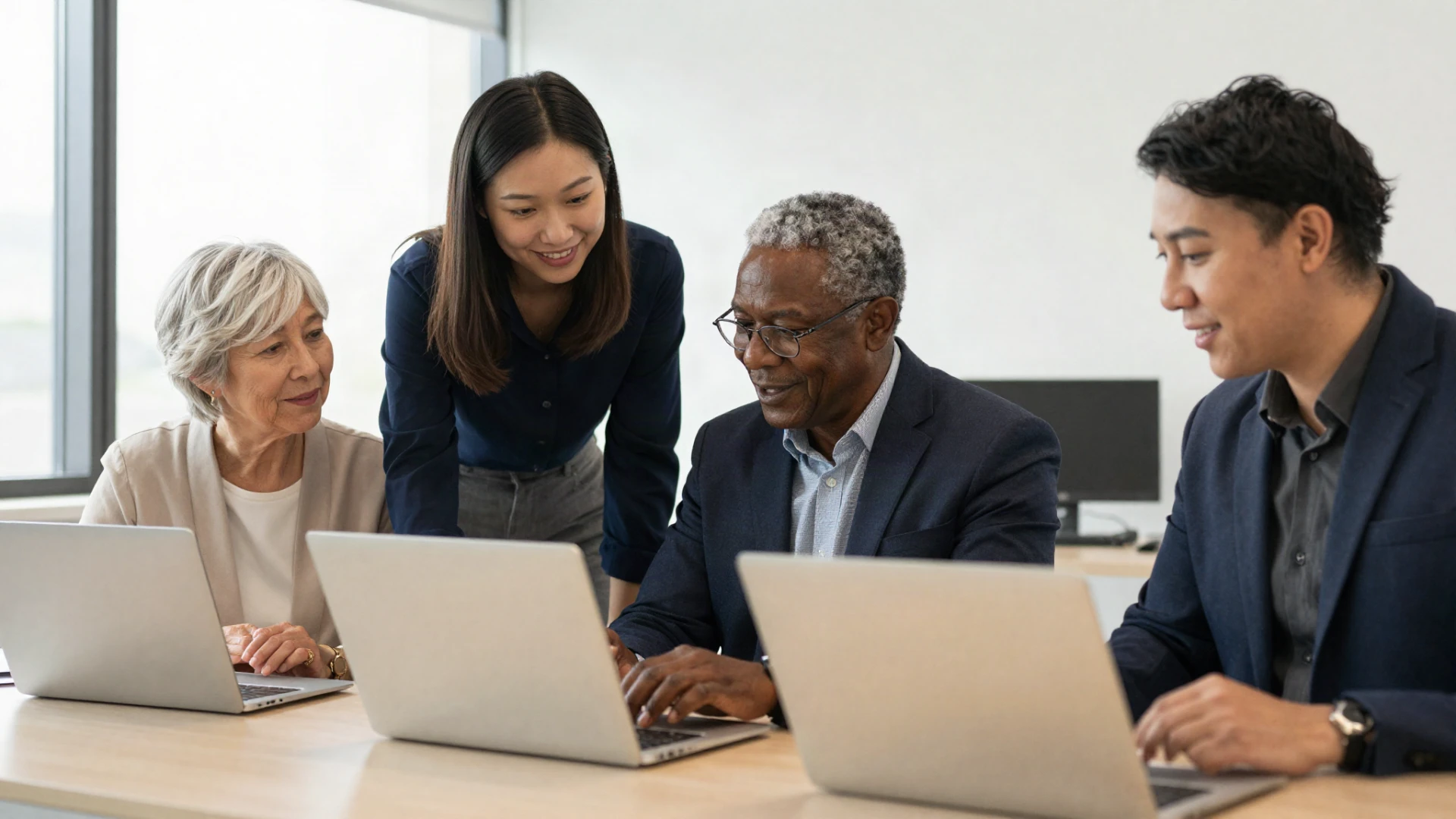 Diverse corporate team collaborating on laptops during an AI hackathon session