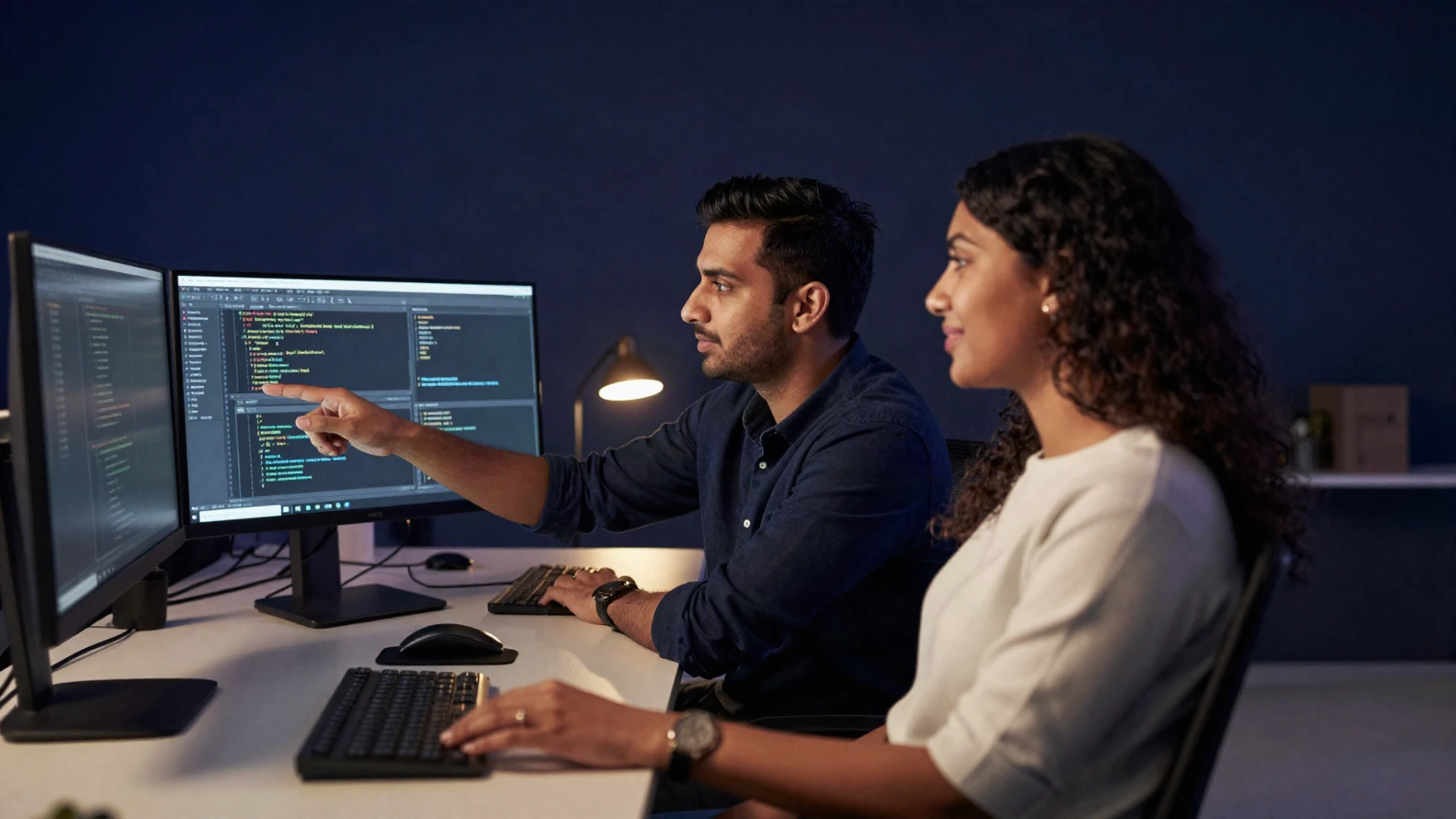 Two colleagues reviewing code together on twin monitors