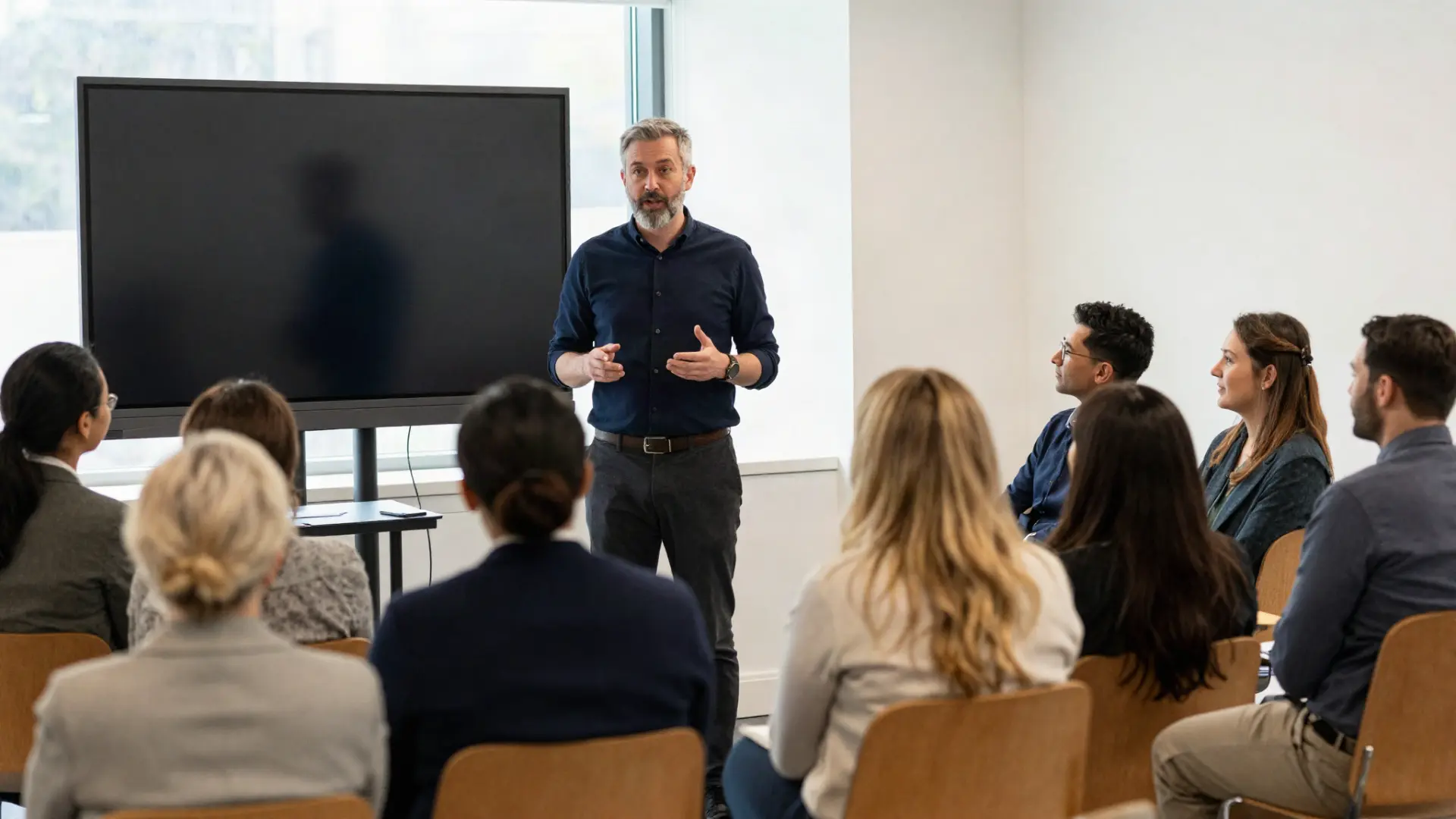 Trainer leading an AI workshop with a business team